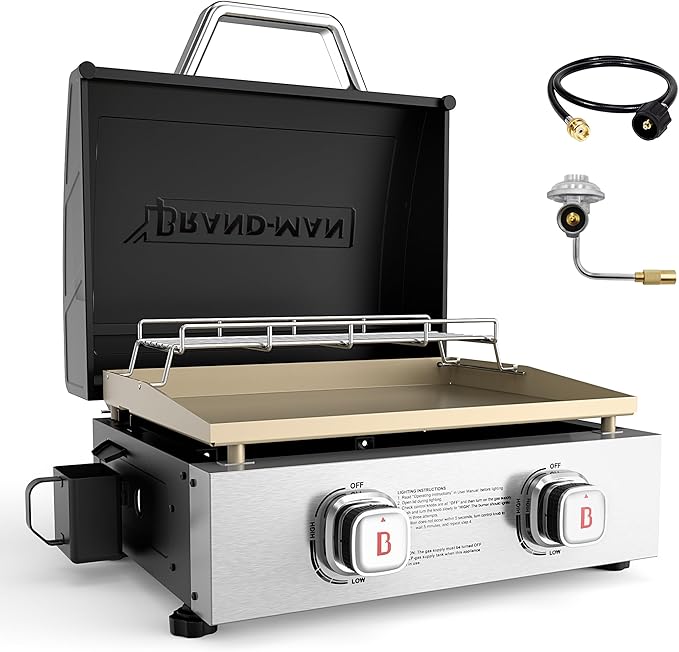 Brand-Man Propane Tabletop Griddle, 2-Burner Portable Flat Top Grill with Hood, Warming Rack & Adapter Hose - Supports 1 lb & 20 lb Gas Cylinders for Versatile BBQ Cooking, Camping, Home BBQ