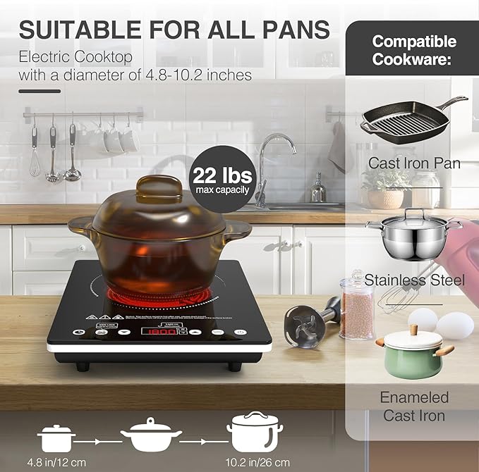 1800W Electric Cooktop, 110V Single Burner Stove with Overheat Protection and Adjustable Power Levels - Portable Ceramic Stove for Kitchen, Travel, RV