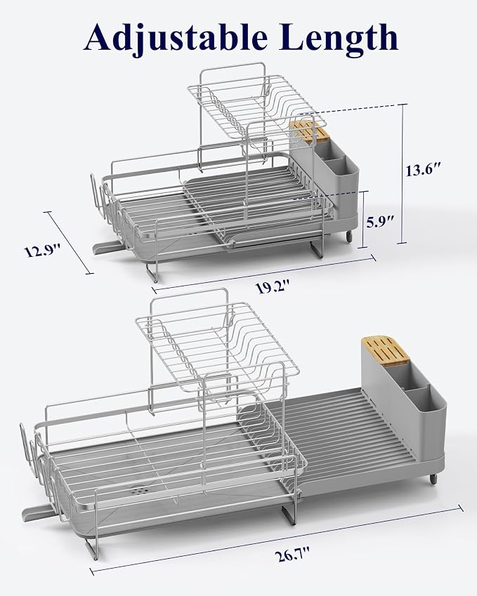 Kitsure Extendable Dish Drying Rack, 19.2"-26.7" L x 12.9" W, 2-Tier | Large - Image 5
