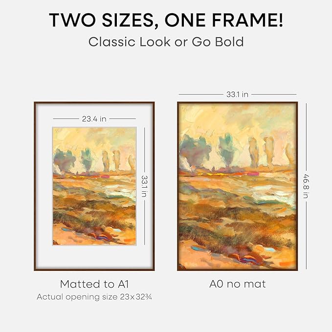 Homeforia A0 Poster Frame Brown, High End Dark Oak 33.1 x 46.8 Wooden Picture Frames Matted to 23.4 by 33.1 Photo, A0 Walnut Wood Frame with Mat A1, 33.1x46.8 Frame, Tempered Glass, Wall Kit, Set of 1