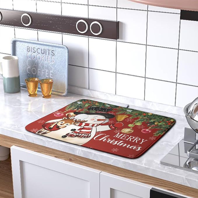 Christmas Dish Drying Mats for Kitchen Counter 18x24 Cute Snowman Red Dish - Image 5