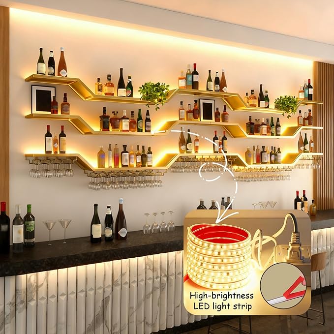 78.7in Modern LED Wine Rack Wall Mounted, 3-Tier Floating Bar Shelves with Wine Glass Rack, Large Hanging Liquor Shelf Wall Mounted, for Home Bar Dining Room Cafe Decorative (Gold, 78.7in/200cm)