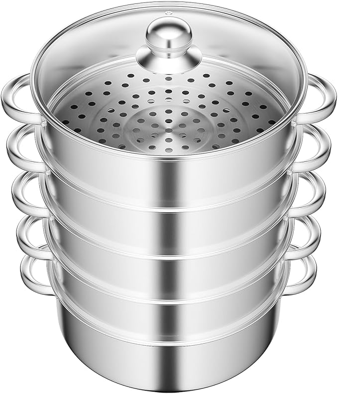 5 Tier Stainless Steel Steamer Pot Multipurpose Steam Cookware Steaming Pot Versatile Steamer for Healthy Cooking Durable 304 Food Grade Steel Ideal for Meal Prep Steaming 33.06 lb Capacity