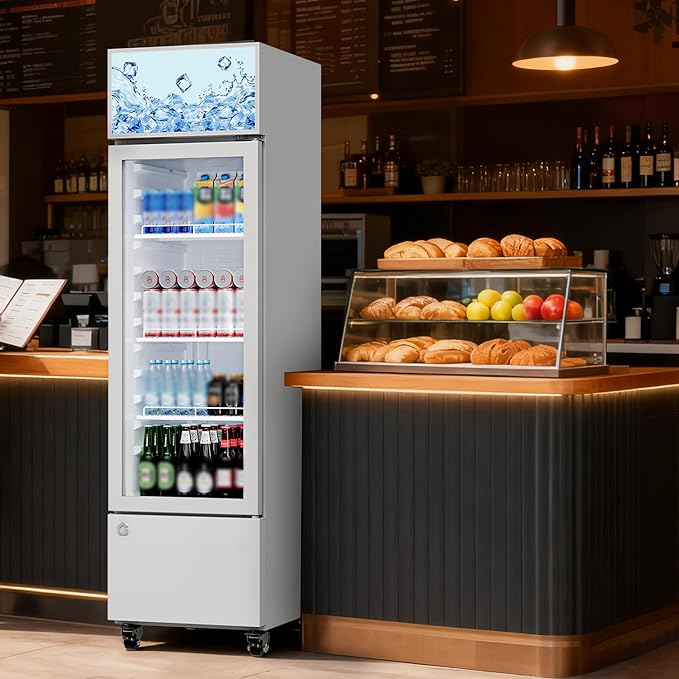 6.1 Cu.Ft. Commercial Glass Door Beverage Cooler, Frost-Free Display Fridge, 360° Cooling, Adjustable Shelves, Energy-Saving Upright Drink Refrigerator with Wheels