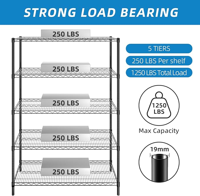 5-Shelf Adjustable Metal Shelf Wire Shelving Unit Heavy Duty Storage Rack Display Shelf for Office,Kitchen,Bedroom,Bathroom,Laundry,Pantry Basement,Garage(Black,48" L x 18" W x 72" H)