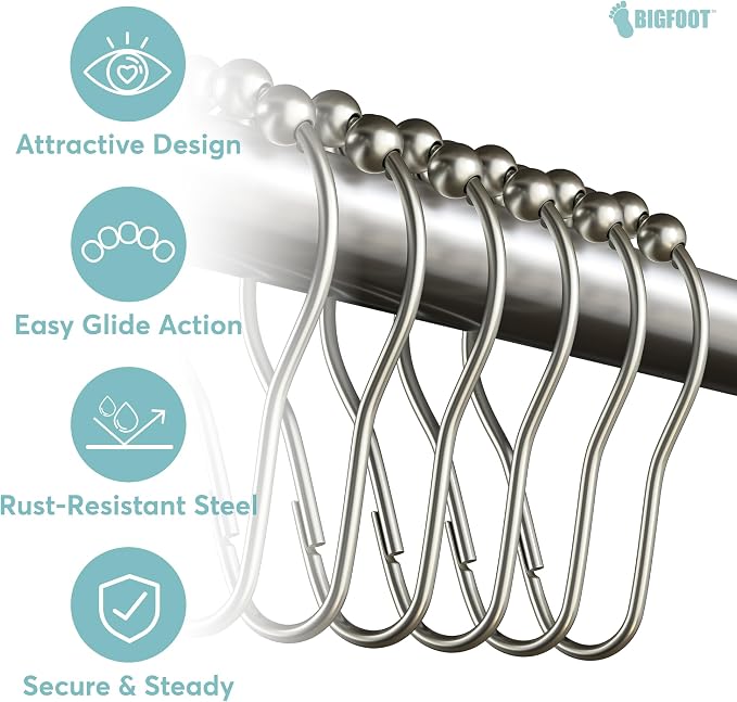 BigFoot Shower Curtain Hooks, Stainless Steel, Rust-Resistant, Easy Install | - Image 4