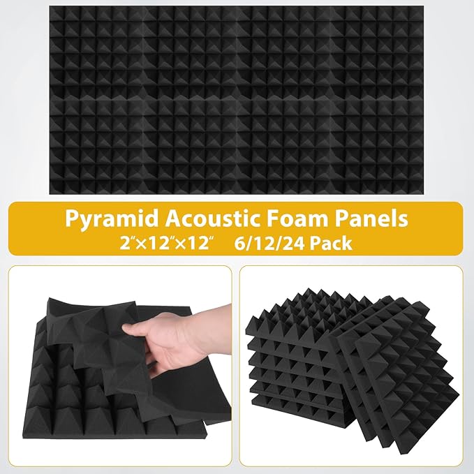 12 Pack Soundproof Wall Panels, Saiqiang Acoustic Foam 2" x 12"x 12" Sound Panels Acoustic Panels Sound Absorbing Black Sound Proof Panels for Walls Pyramid Soundproofing Studio Foam