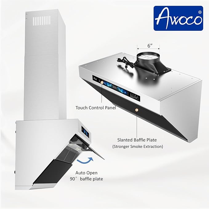 Awoco 36" Wall Mount Range Hood, Side-Draft Design, 4 Speeds Exhaust Fan with 800 CFM, Voice, Gesture, Touch & Remote Control, 6" Vent, Dimmable LED Light Bars, Adjustable Chimney up to 39"