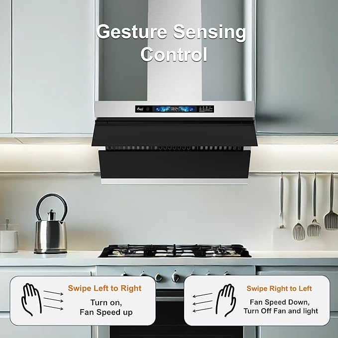 Awoco 36" Wall Mount Range Hood, Side-Draft Design, 4 Speeds Exhaust Fan with 800 CFM, Voice, Gesture, Touch & Remote Control, 6" Vent, Dimmable LED Light Bars, Adjustable Chimney up to 39"
