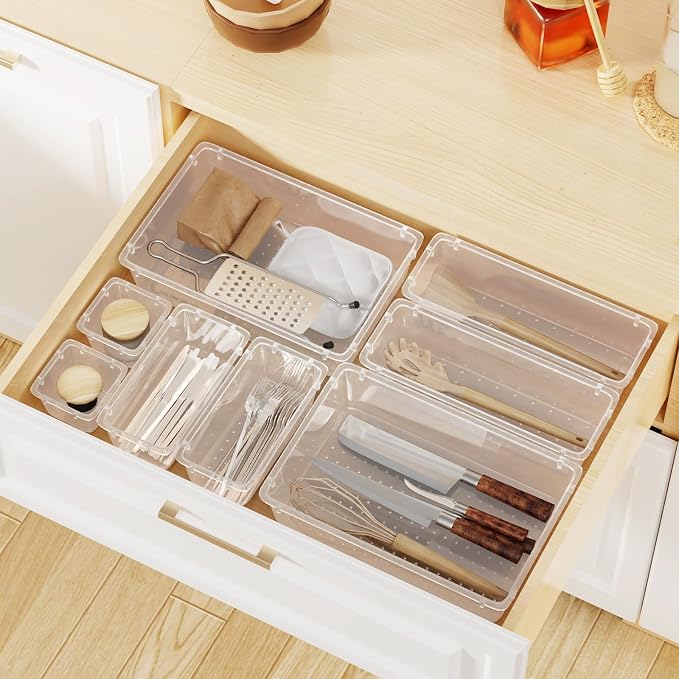 WOWBOX 24 PCS Clear Plastic Drawer Organizer Set, 4 Sizes Desk Drawer - Image 7