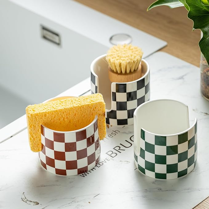 Zoeeker Sponge Holder for Kitchen Sink, Ceramic Checkered Dish Sponge Rack - Image 7