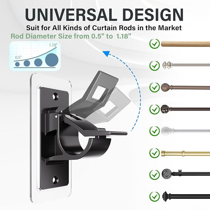 6 Pack Self Adhesive Rod Brackets, No Drill Needed Curtain Rod Holders - Image 2