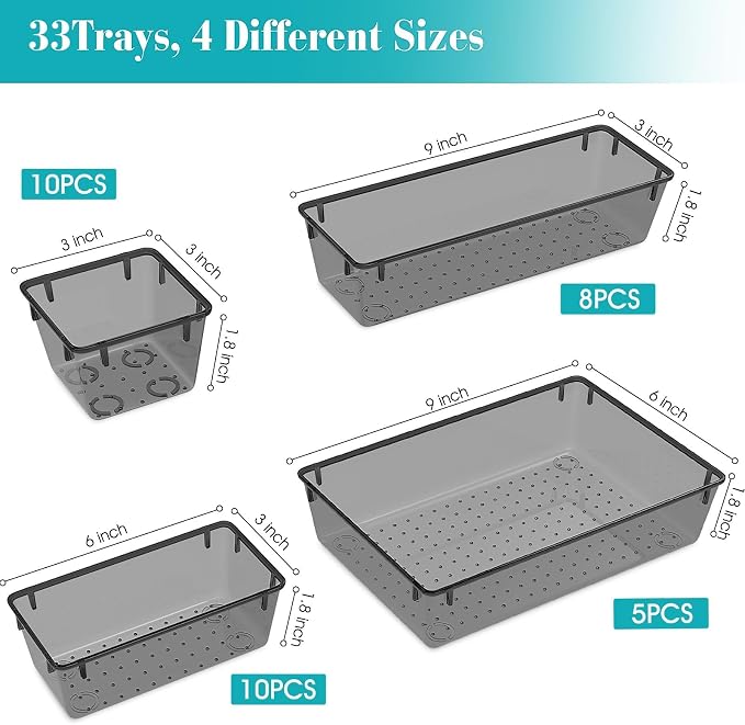 33 PCS Plastic Drawer Organizers Set, 4 Size Desk Drawer Organizer Trays | 4 - Image 2
