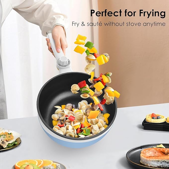 Audecook Hot Pot Electric, 1.7L Mini Electric Skillet Portable Nonstick Sauté Pan with Power Adjustment, Ramen Cooker Travel Multicooker for Steak/Soup/Egg/Oatmeal/Noodles (Tongs for Cooking Included)