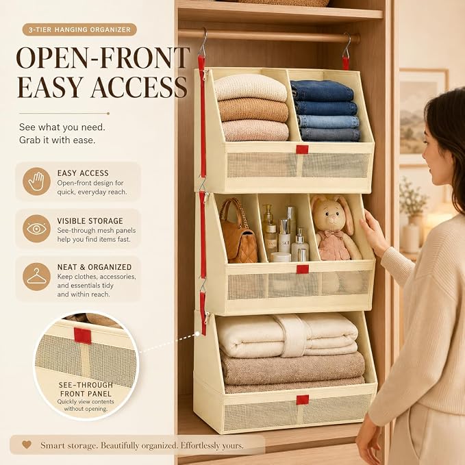 Hanging Closet Clothes Organizers and Storage Detachable 3 Tier Wider | Hanging - Image 3