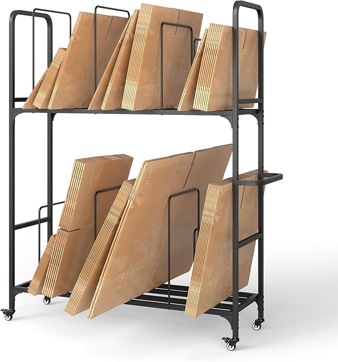 2-Tier Carton Stand, Metal Cardboard Box Organizer, Rolling Cardboard Box Stand, Heavy Duty Carton Storage Cart with Dividers, Shipping Boxes Cart with Wheels for Commercial Home Supermarket Warehouse