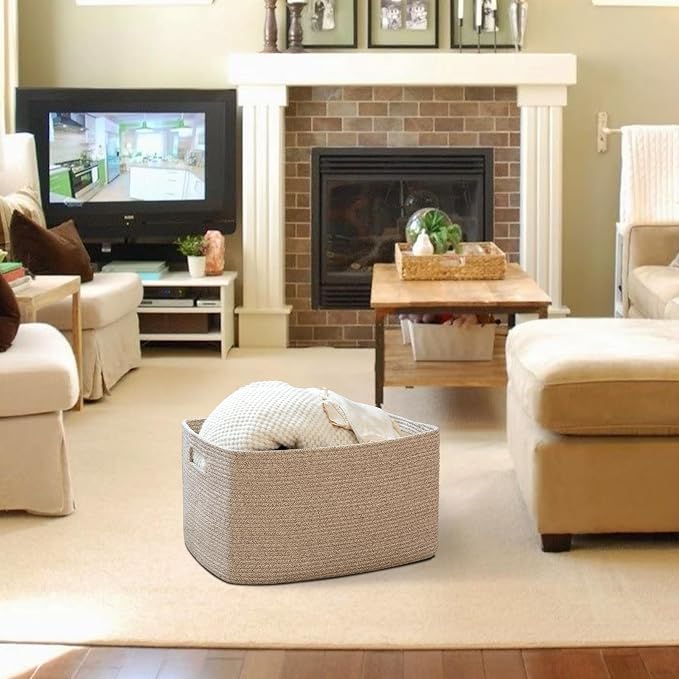 OIAHOMY Cotton Rope Basket Rectangle Blanket Basket living Room Brown - Image 2