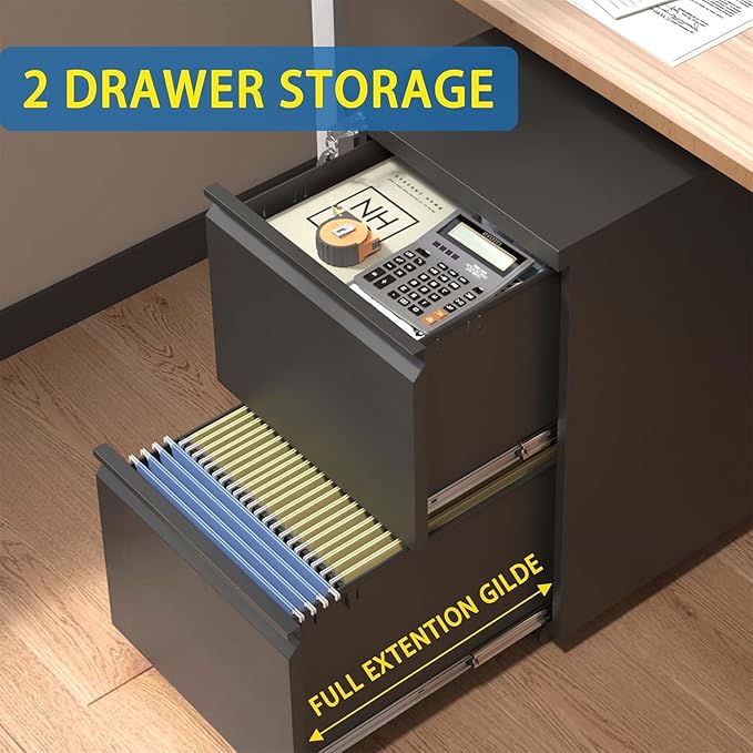 Fully Assembled 2 Drawer File Cabinet, Locking Full Steel Filing Cabinet, Quiet Slides, Anti-Tipping Wheels, Fits A4/Letter/Legal, for Home & Small Office, Matte Black