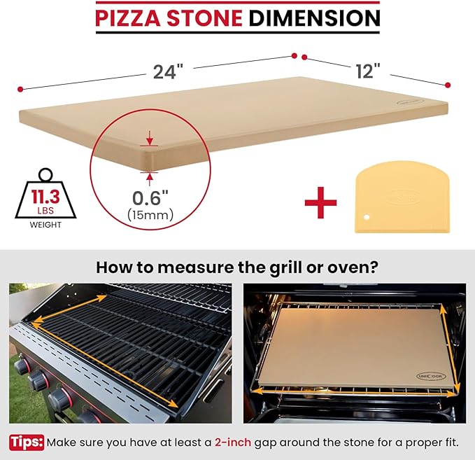 Unicook Extra Large Pizza Stone 24" x 12" x 0.6" for 36"/48" Ovens, Rectangular Baking Stone, Ideal for Baking Crispy Pizzas, Bread and Cookies, Weighs 11.3 lbs, Does Not Fit 30" Compact Ovens