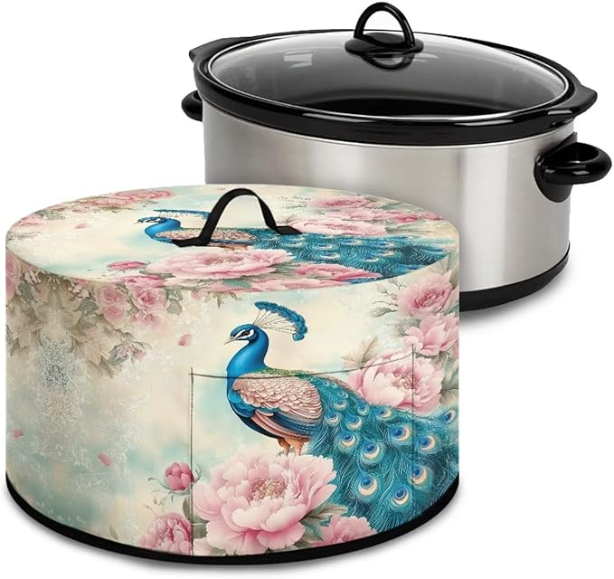 Peacock Peony Flower Vintage Print Slow Cooker Dust Cover with Storage Pocket and Handle Easy to Use Kitchen Appliances Accessory Rice Cooker Cover Fit Most 6/7/8 Quart Air Fryer