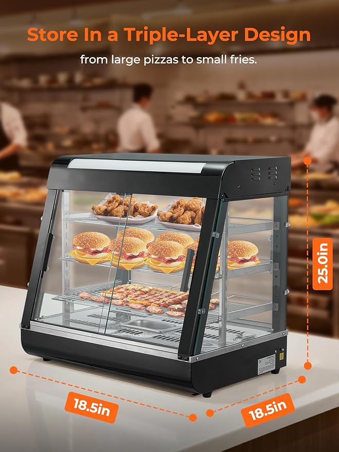 Commercial Food Warmer 26", 3-Tier Heated Display Case w/LED Light and Adjustable Thermostat, Removable Shelves, Countertop Pizza Pastry Warmer for Buffet Restaurant Bakery 1200W