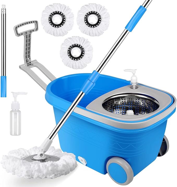 Spin Mop and Bucket with Wringer Set on Wheels, 3 Mop Heads by CooFel