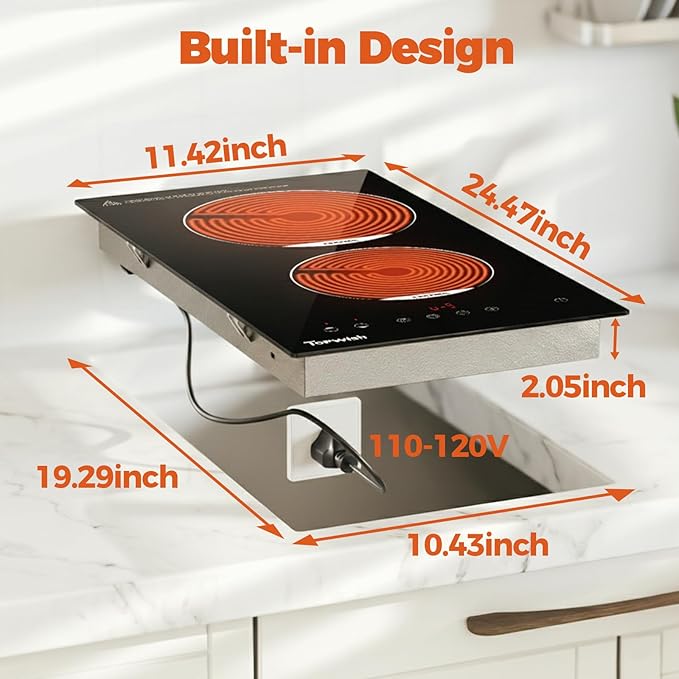 2 Burner Electric Cooktop, 12 Inch Built-in Ceramic Cooktop, 120v Plug in Electric Stove Top Burner with Child Lock, Timer, Sensor Touch Control, Over-Temperature Protection