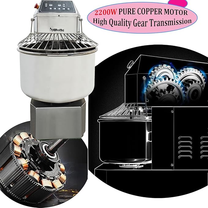INTSUPERMAI Commercial Dough Mixer, 50QT Stand Flour Mixing Machine, Double Action Double Speed, with A Dough Cutter, 110V/2200W Electric Food Stand Spiral Mixer