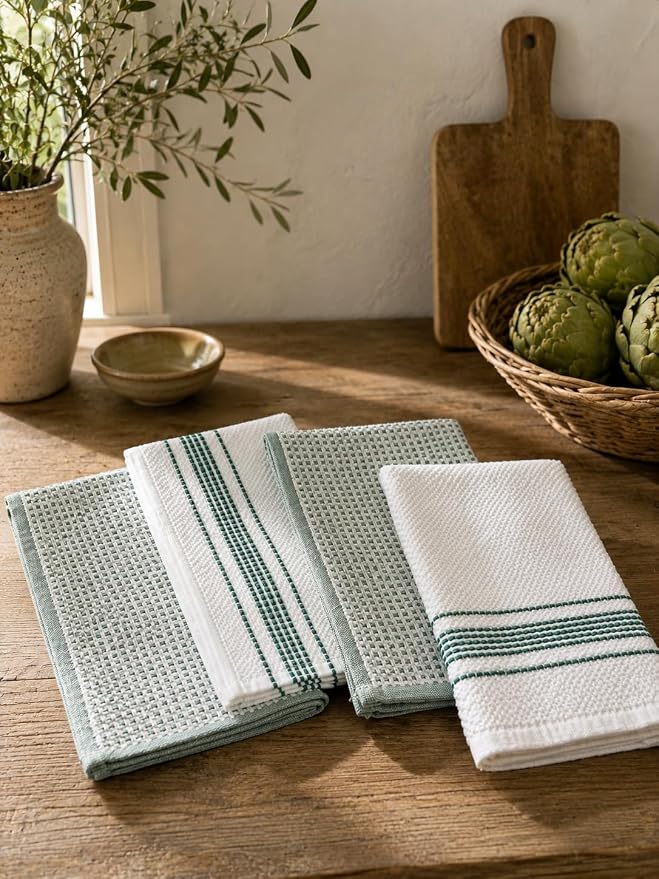 Kitchen Towels, Cotton Hand Towels White & Turquoise Mini Weaved Stitched - Image 2