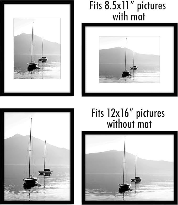 Americanflat 12x16 Picture Frame with Polished Plexiglass - Set of 5 - Use as 8.5x11 Frame with Mat or Display 12x16 Photo Without Mat - Galleria Collection - Picture Frames for Wall Display - Black