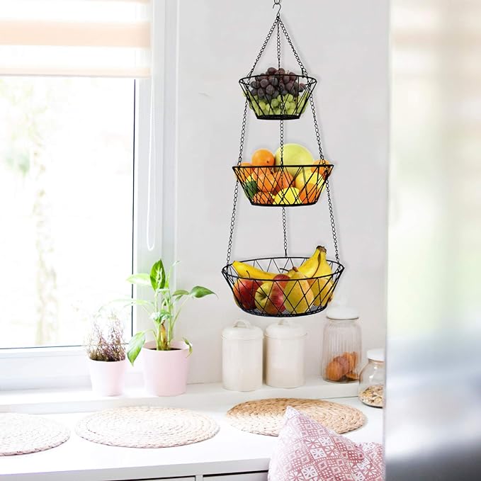Heavy Duty - 3 Tier Hanging Kitchen Black Fruit Basket - Image 5