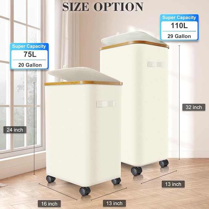 Laundry Hamper with Wheels, 75L Rolling Laundry Basket with Lid - Image 4