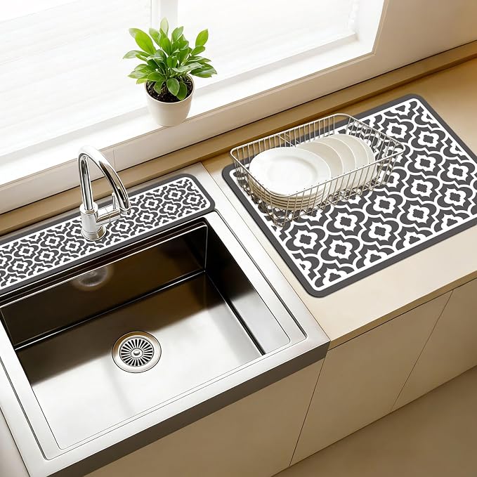 3 Pcs 2 Size Kitchen Sink Splash Guard Faucet Mat Simple Gray Plaid Pattern by CONCHLERY%E6%97%97%E8%88%B0%E5%BA%97