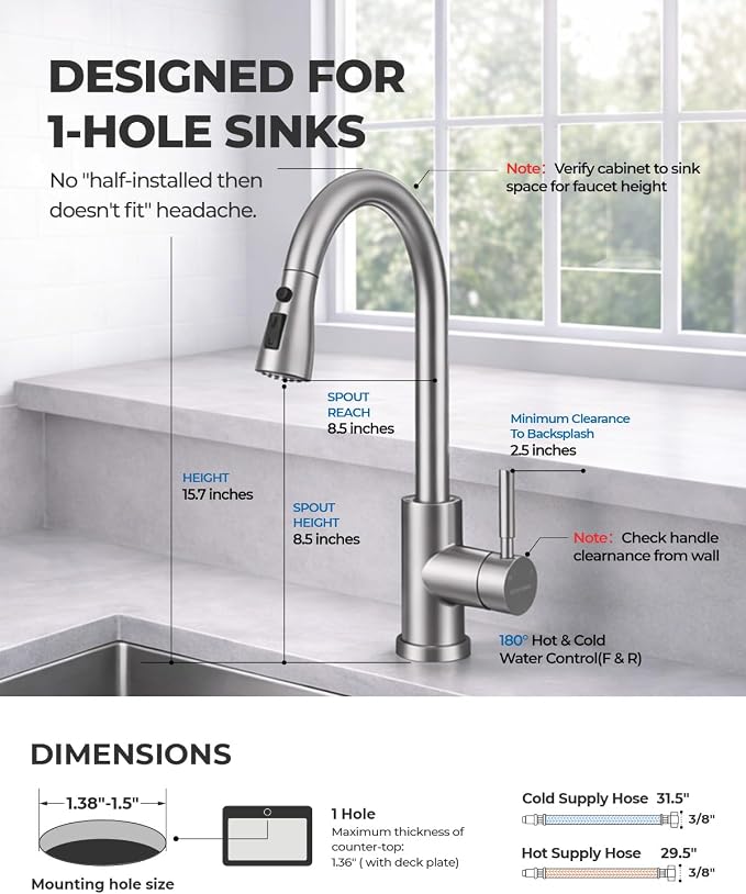 WEWE Pull-Down Kitchen Faucet, 3-Mode Sprayer, Brushed Nickel, High Arc | 360° - Image 6
