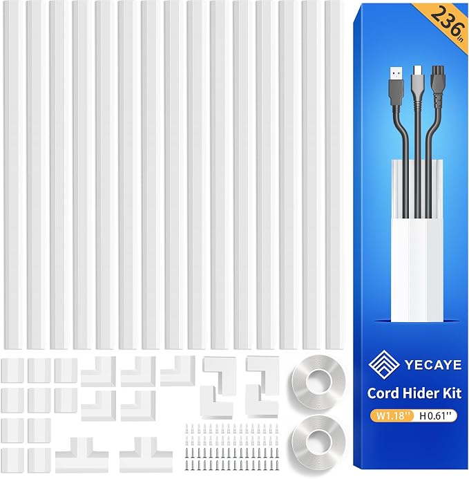 Yecaye TV Cord Hider Wall Mounted, 236in Cord Cover, W1.18in H0.6in, Wire Hiders by Yecaye
