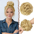 FESHFEN Messy Bun Hair Pieces - Large Wavy Curly Elastic Hair Bun Scrunchies Ponytail Extensions Synthetic Chignon Hairpieces for Women, Strawberry Blonde & Bleach Blonde 1.94oz