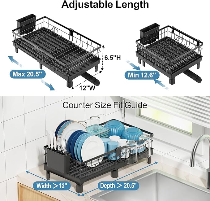 GSlife Expandable Dish Drying Rack for Kitchen Counter - Compact Rust-Resistant Dish Racks with and Cup Holder for Small Apartment, 12.2" W x 12"-19.5" L, Black