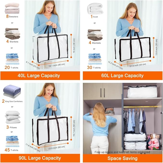 3 Pack 40L/60L/90L Clear Clothes Storage Bags - Image 2