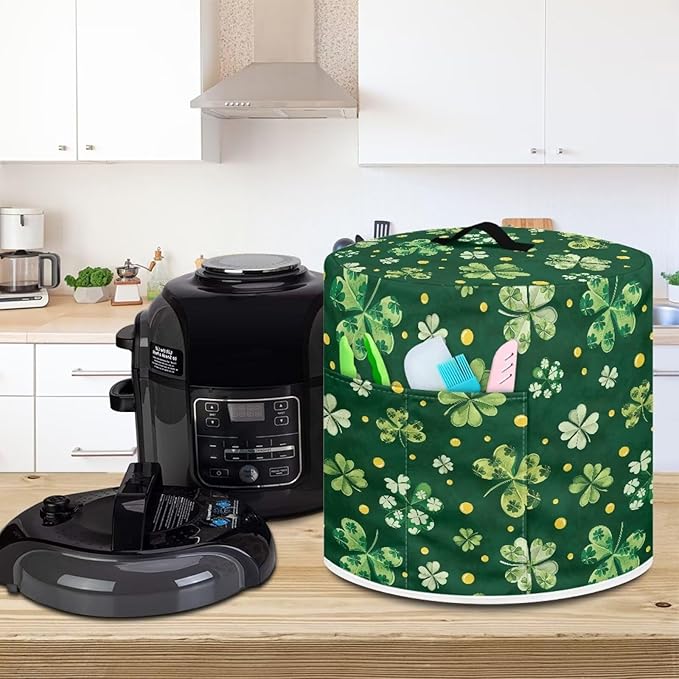 Xoenoiee Green Clover Print Kitchen Appliance Dust Cover with Pockets, Electric Pressure Cooker Cover Compatible with Crock Pot for St.Patrick's Day Decor, Rice Cooker Covers, for 6 Qt