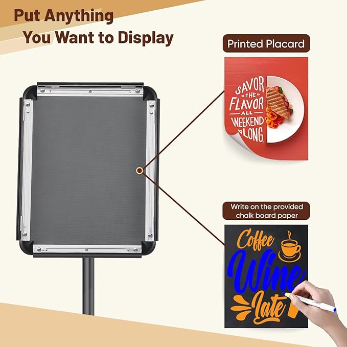 Pedestal Floor Stand Sign Holder for 11*17 inches Poster or chalk board, Snap open frame,360° Rotation,Outdoor Indoor Standing Display Sign Holders for commerical, directional use, Black