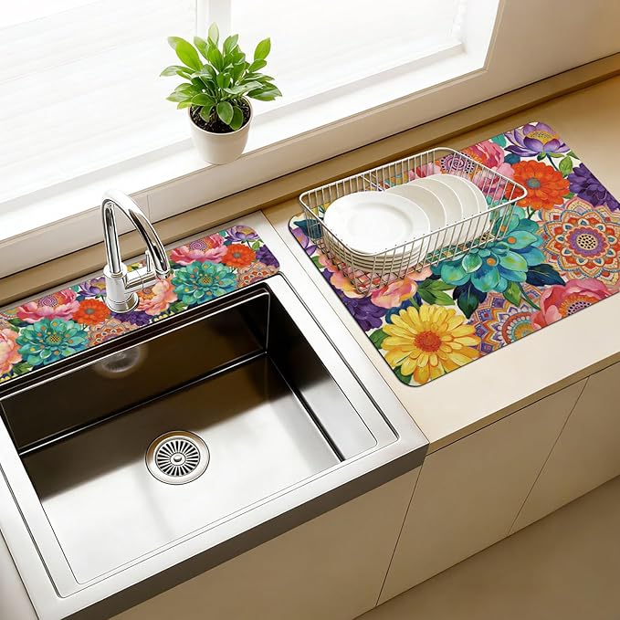 3 Pcs 2 Size Kitchen Sink Splash Guard Faucet Mat Datura Flowers Pattern Faucet by CONCHLERY%E6%97%97%E8%88%B0%E5%BA%97
