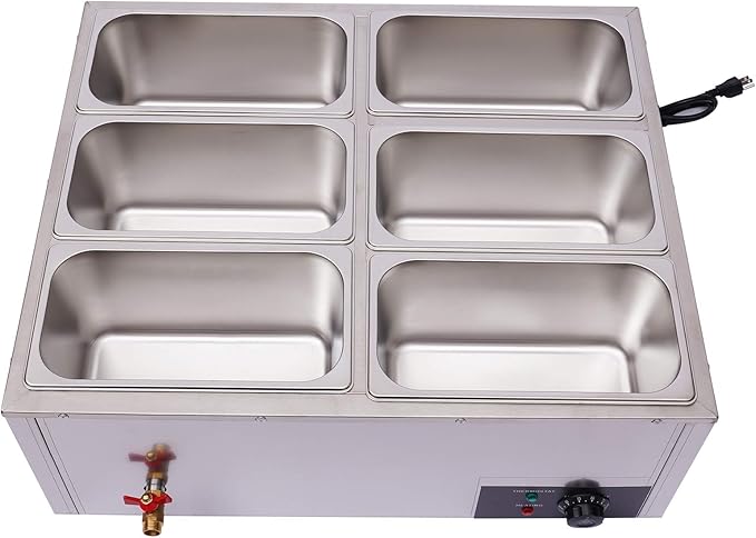 6-Pan Commercial Bain Marie Buffet Food Warmer, 850W 44Qt Electric Steam Table Food Warmer, Countertop Commercial Buffet Warmer, 86℉-185 Temp Control for Buffet Party Catering Restaurant