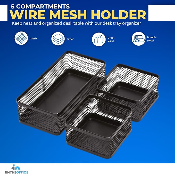 1InTheOffice Mesh Collection Desk Drawer Organizer Tray 3 Compartment - Image 2