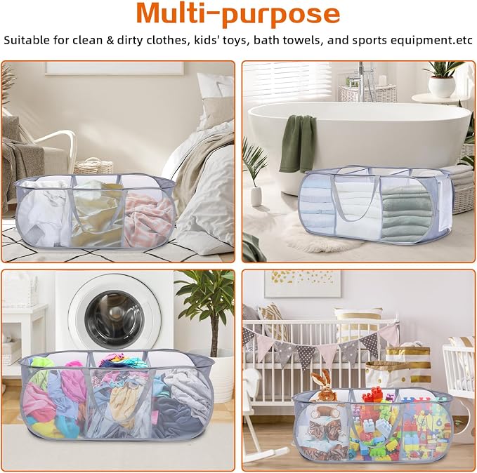 Durable Collapsible Foldable Pop Up Laundry Hamper, Sturdy 3 Compartments - Image 7