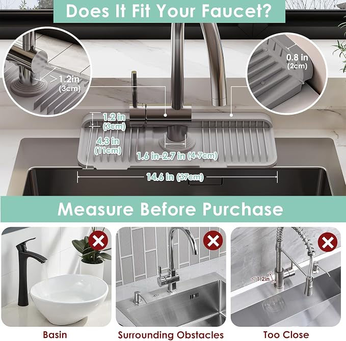 14.6-Inch Silicone Faucet Mat for Kitchen Sink Splash Guard, 7° Slope | - Image 2
