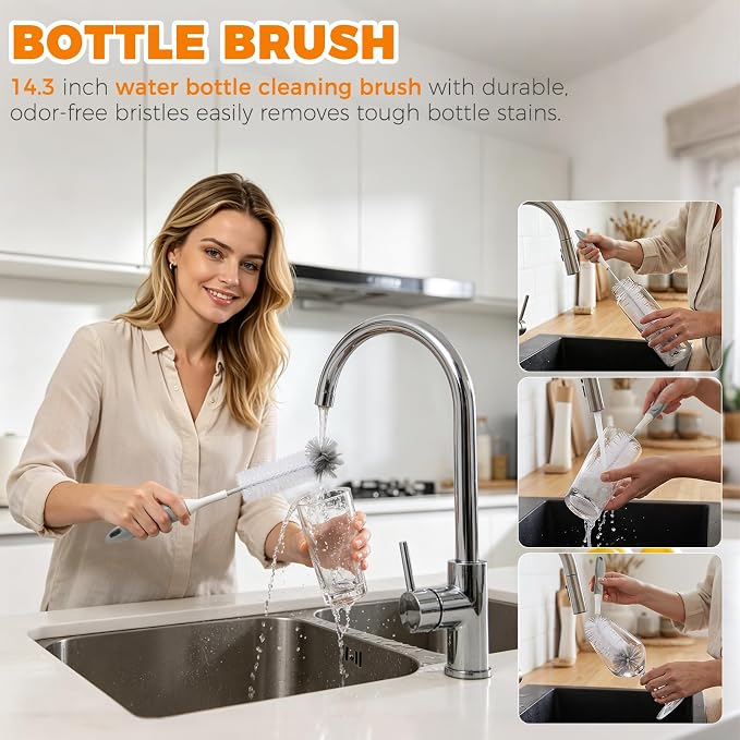 3 Pack Kitchen Cleaning Brush Set, Dish Brush, Extra Long 14.3 inch Bottle - Image 4