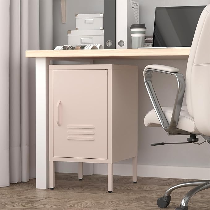 Metal Cabinet,Locker Nightstand with Shelf,Metal Storage Locker,Steel Bedside Storage Cabinets for Living Room Bedroom,Pink