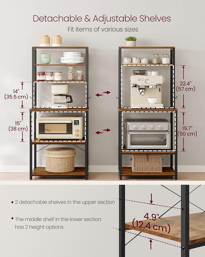 VASAGLE Coffee Bar, 23.6 Inches Baker's Rack for Kitchen with Storage, 6-Tier Kitchen Shelves with 6 Hooks, Microwave Stand, Industrial, Rustic Brown and Ink Black UKKS024B01