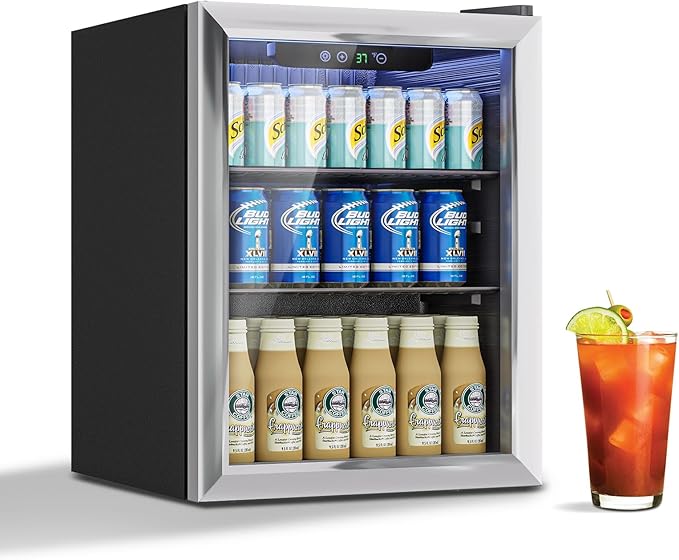 Stopasd Beverage Refrigerator Cooler, 1.7 Cu.Ft/76 Can Drink Fridge with Adjustable Shelves & Glass Door for Soda Wine Beer, Quiet Undercounter Small Fridge for Home/Office/Bar/Garage(37°-61℉), Black