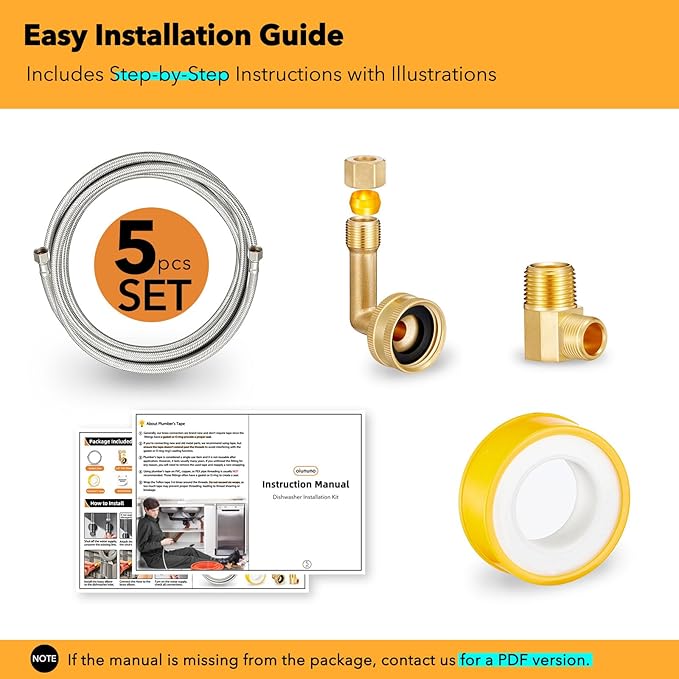 Dishwasher Installation Kit, 6 FT Stainless Steel Braided Dishwasher Water Supply Line with Food-Grade PEX, 3/8" x 3/8" MIP & 3/8" x 3/4" FHT Elbow Connectors